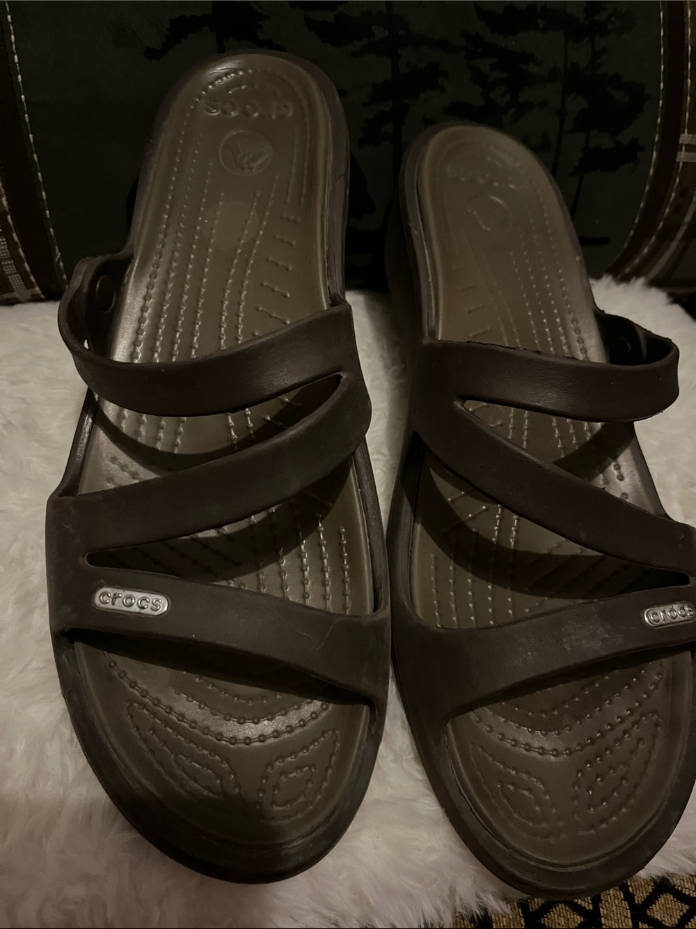 CROCS Women's Dark Brown Triple-Strap Slide Sandals